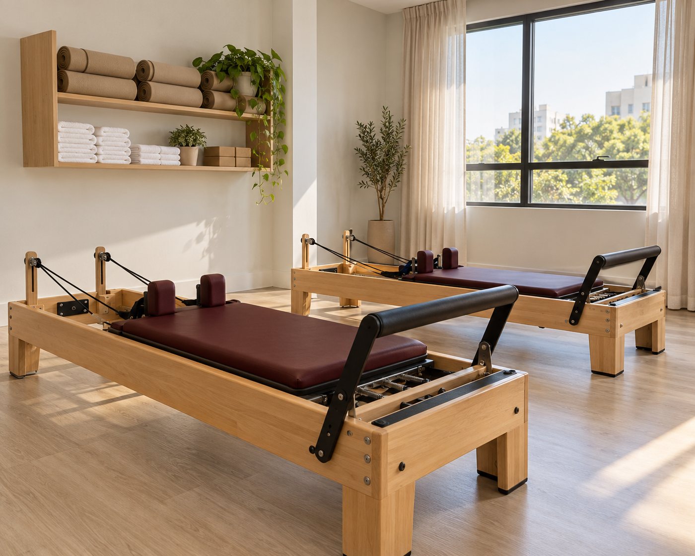 Estúdio de pilates com reformers de madeira clara e estofado vinho, prateleira com tapetes e janela ampla