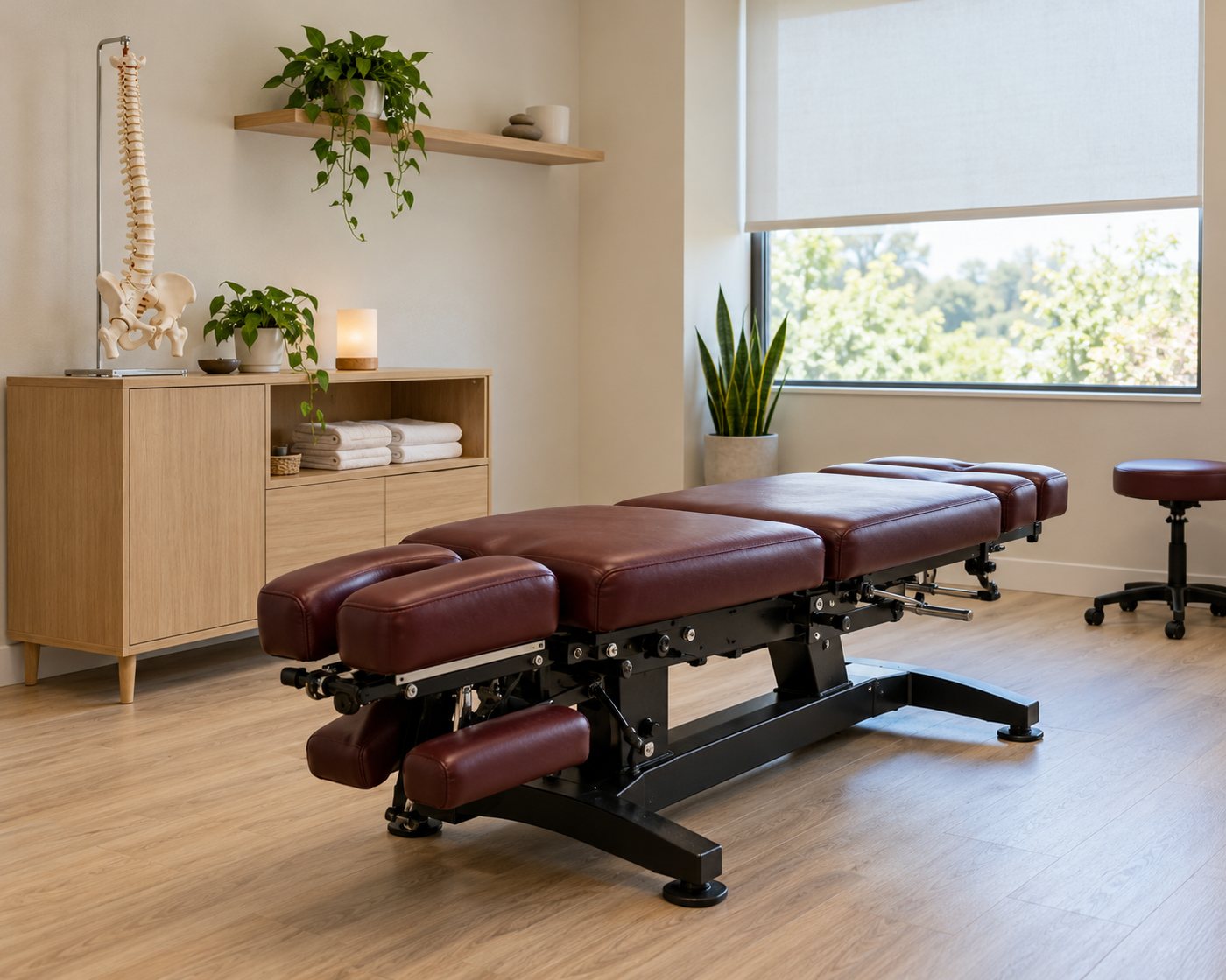 Sala de atendimento clara, com maca de quiropraxia em couro vinho, armário de madeira clara e modelo de coluna vertebral